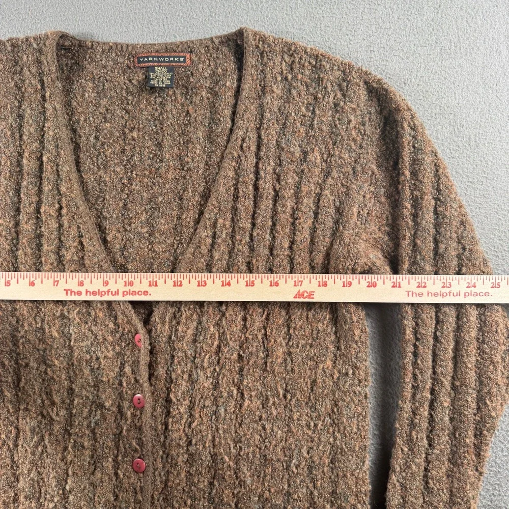 Yarnworks Cardigan Womens S Brown Wool Blend Ribbed Knit V Neck Cottagecore Warm